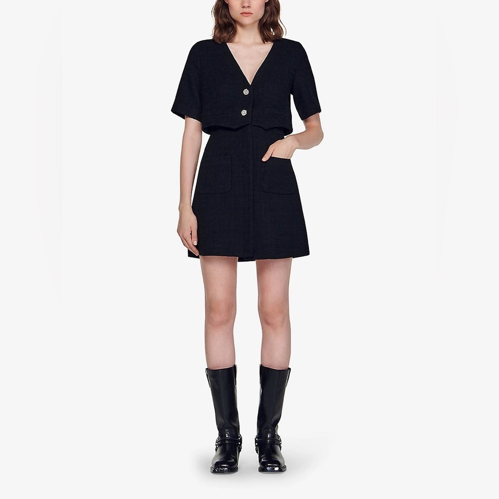 Sandro Black Tweed Dress with Jewel Accents